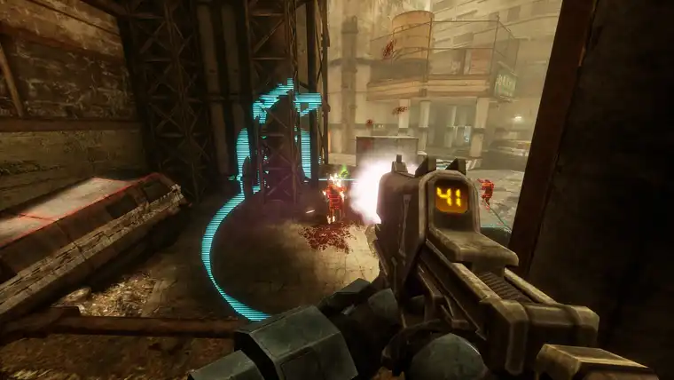 Enemies outlined through a wall after their squad captain is killed, while a gun fires from a balcony