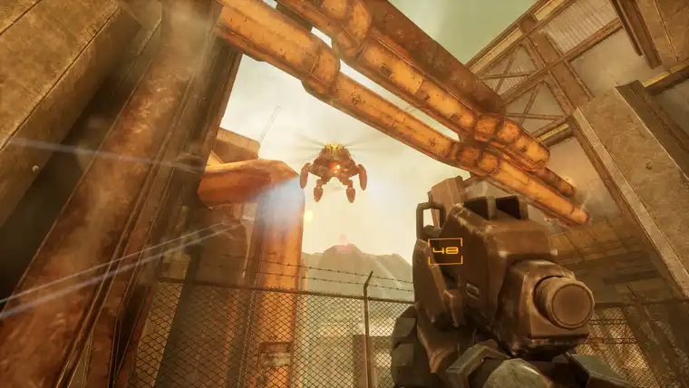 An armed Seraph gunship hovering between rusted pipes above the player